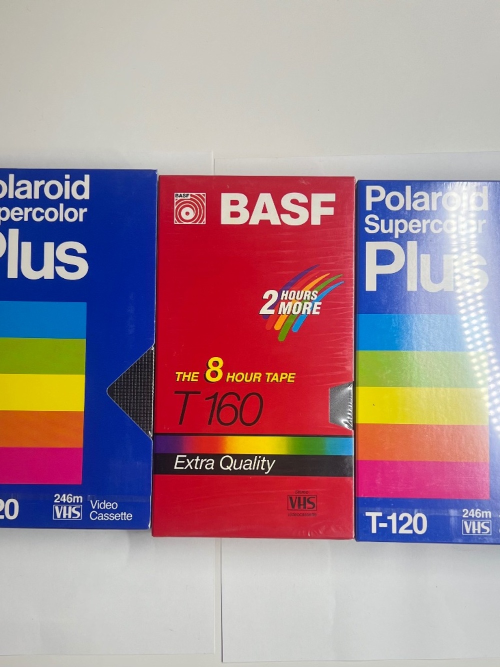 Lot of 3 Sealed Blank VHS Tapes: 2x Polaroid Supercolor T120 & 1x BASF T160